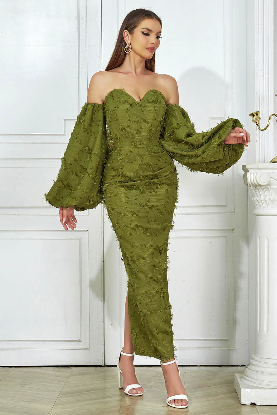 Knit Off Shoulder Puff Sleeve Textured Fringe Back Split Maxi Dress - View 5