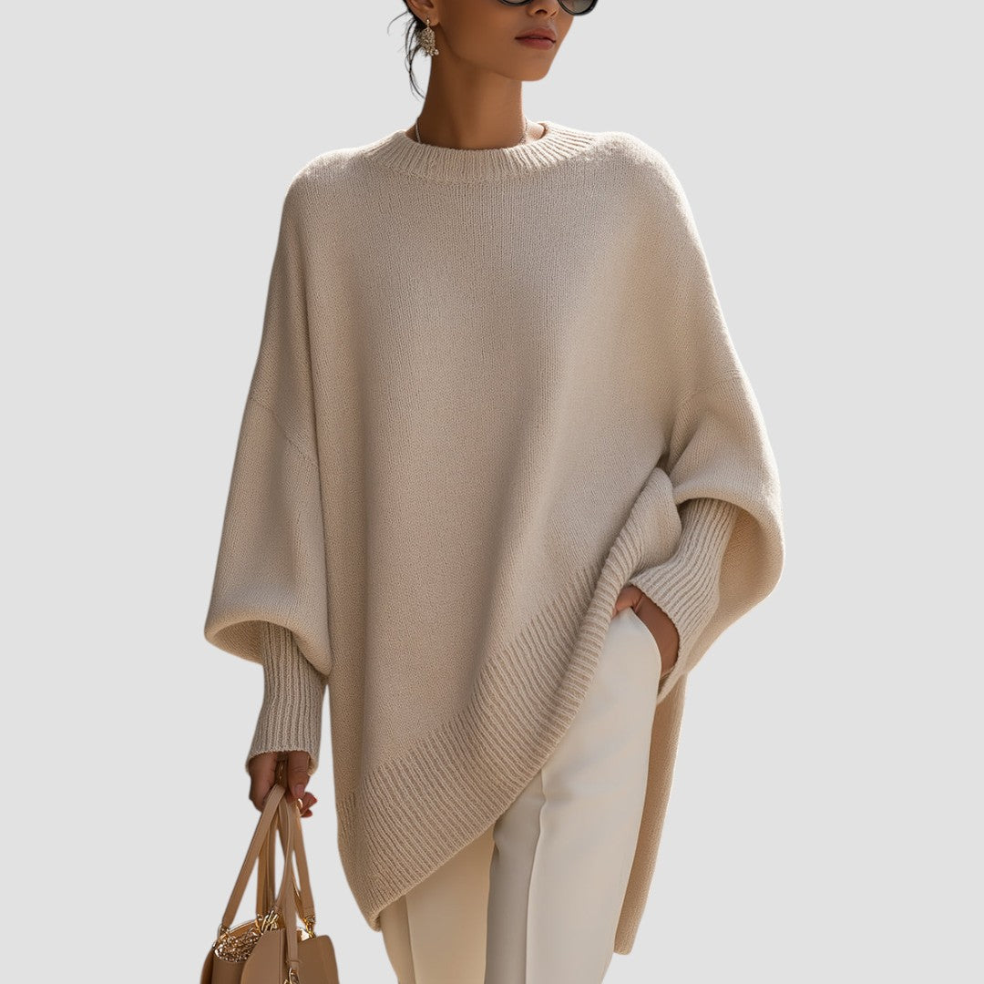 Mock Neck Oversized Asymmetric Hem Ribbed Poncho Sweater 5