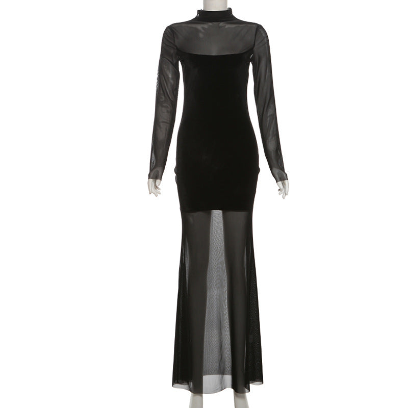 Velvet Crush Mesh Panel Mock Neck Long Sleeve Maxi Gown - View 5