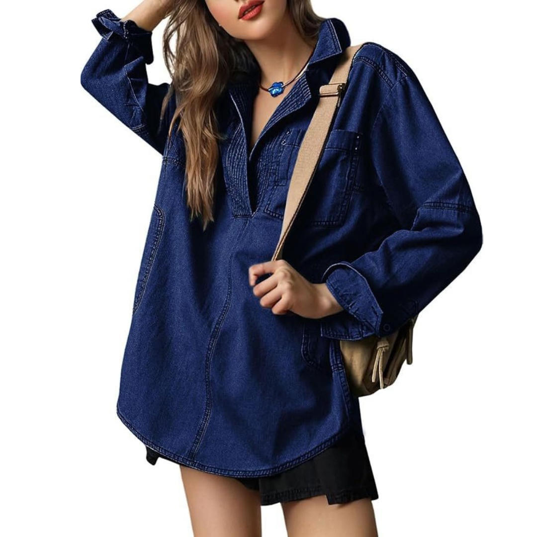 Collared Button Front Long Sleeve Oversized Denim Shirt 5