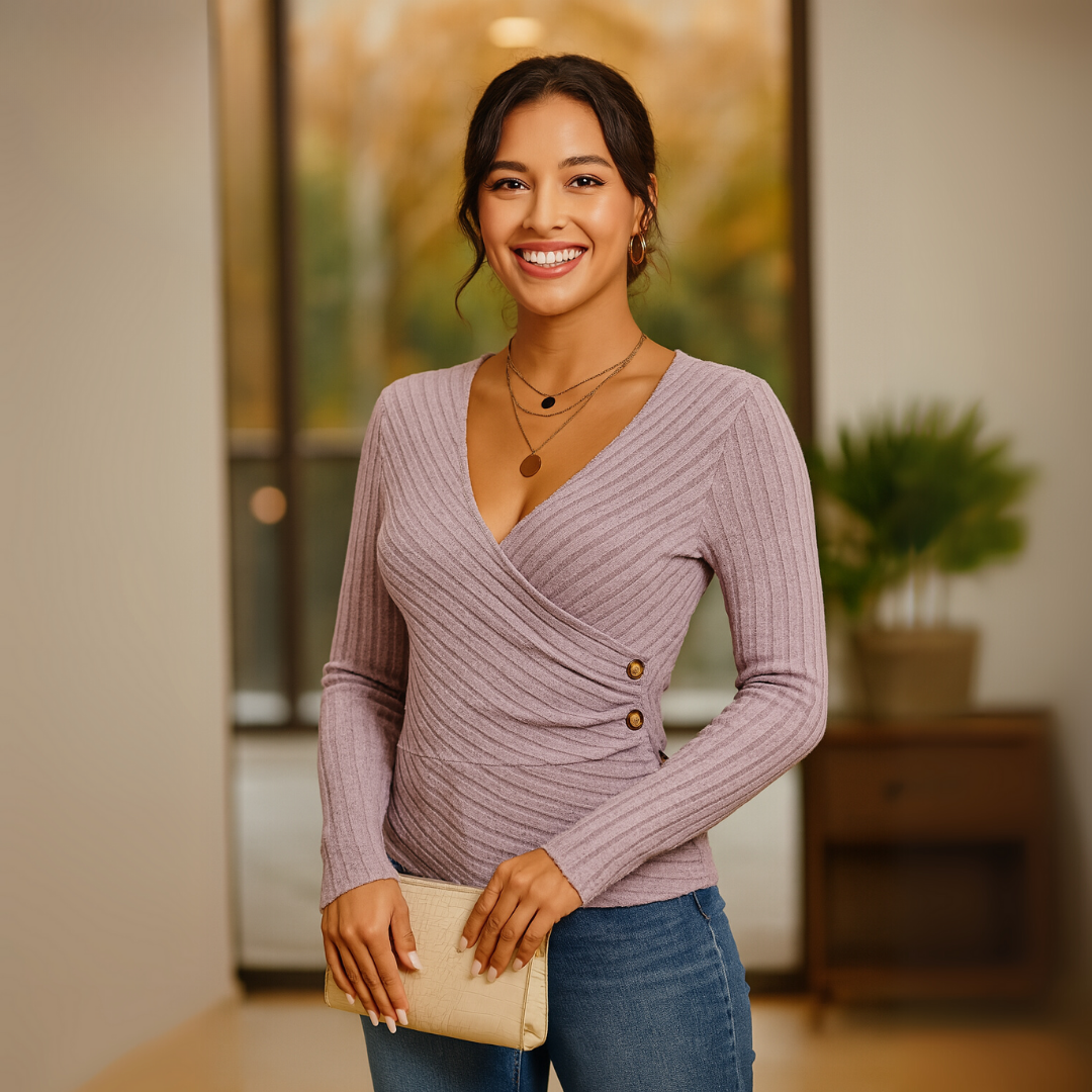 Ribbed Knit Wrap V-Neck Long Sleeve Ruched Top 5