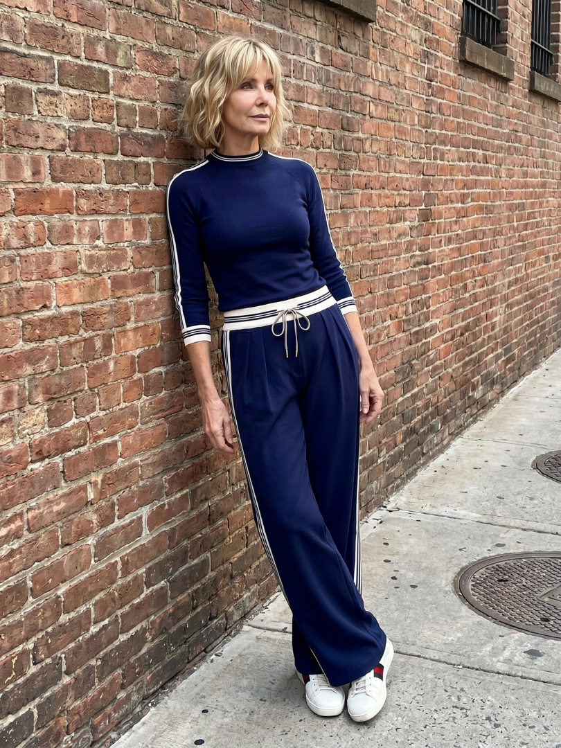 Mock Neck Long Sleeve Top and Side Stripe Wide Leg Pants Two Piece Set 6