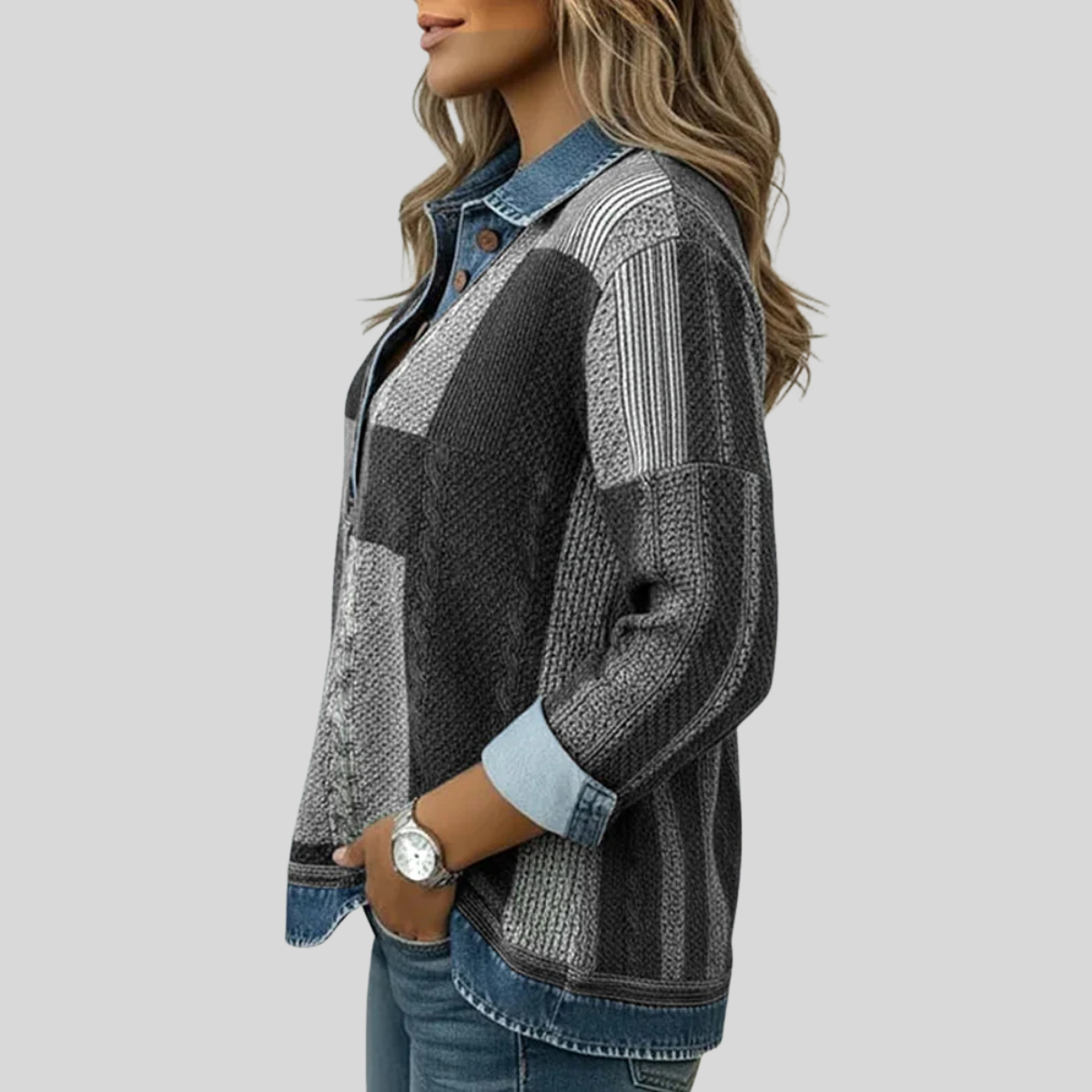 Patchwork Plaid Collared Quarter Button Long Sleeve Knit Pullover 5