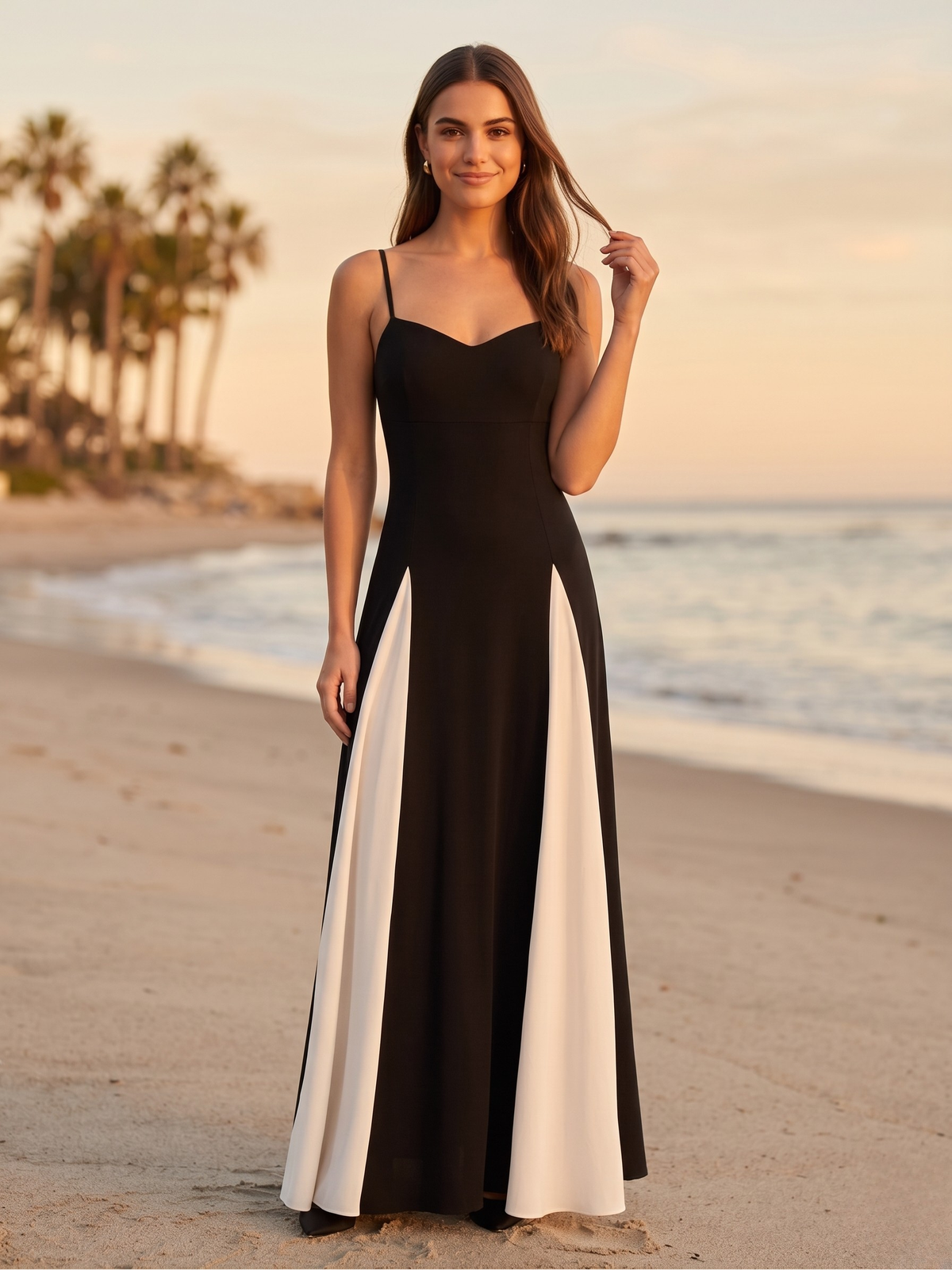 Spaghetti Strap Sweetheart Neck Contrast Panel Maxi Dress