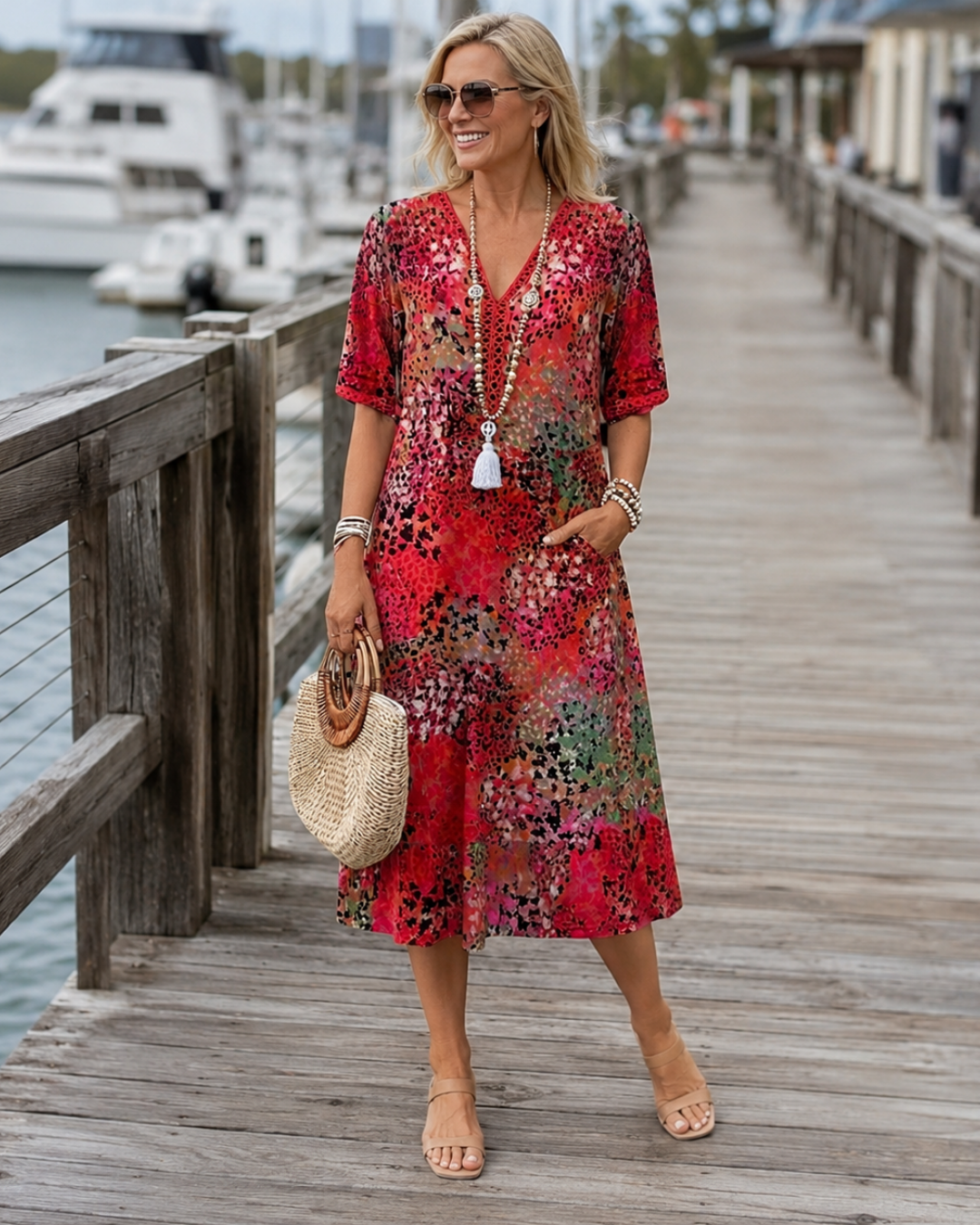 V-Neck Short Sleeve Animal Print Tiered Midi Dress 3