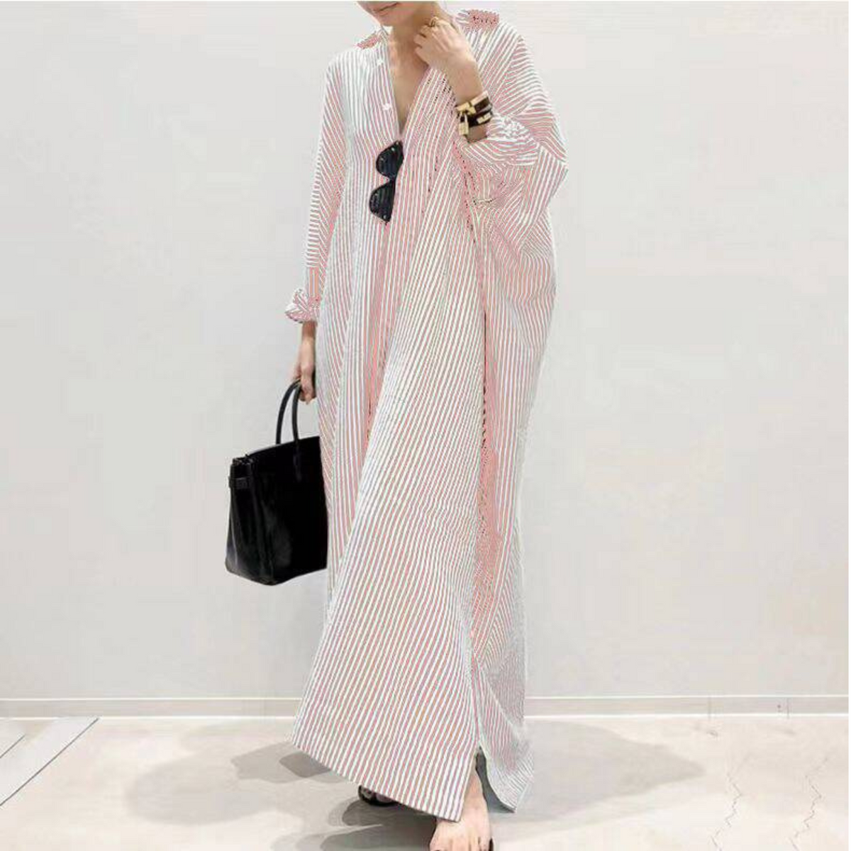 Striped Long Sleeve Button Front Oversized Shirt Maxi Dress 6