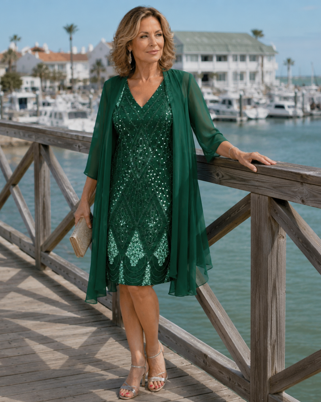 Sequin V-Neck Sheath Dress and Chiffon Duster Two Piece Set
