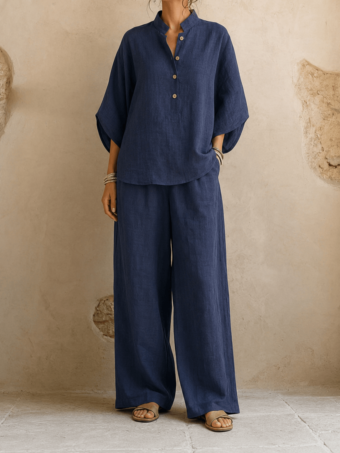 Stand Collar Three Quarter Sleeve Button Top and Wide Leg Pants Two Piece Set 2