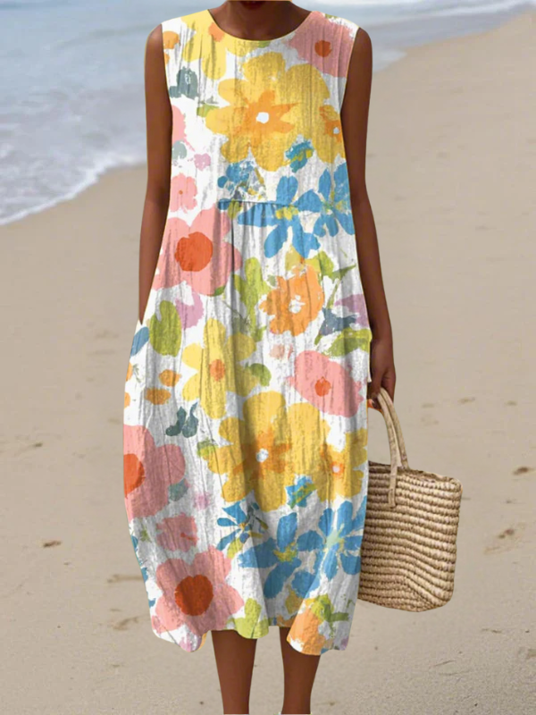 Painterly Floral Round Neck Sleeveless Midi Dress