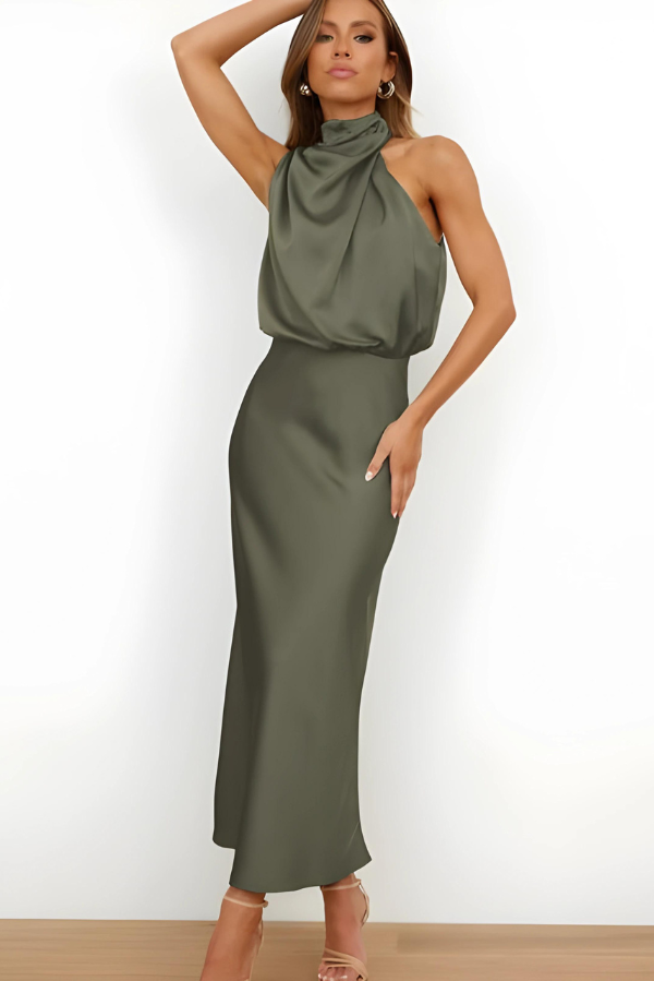 Satin Halter Neck Cowl Drape Sleeveless Column Maxi Gown - View 2