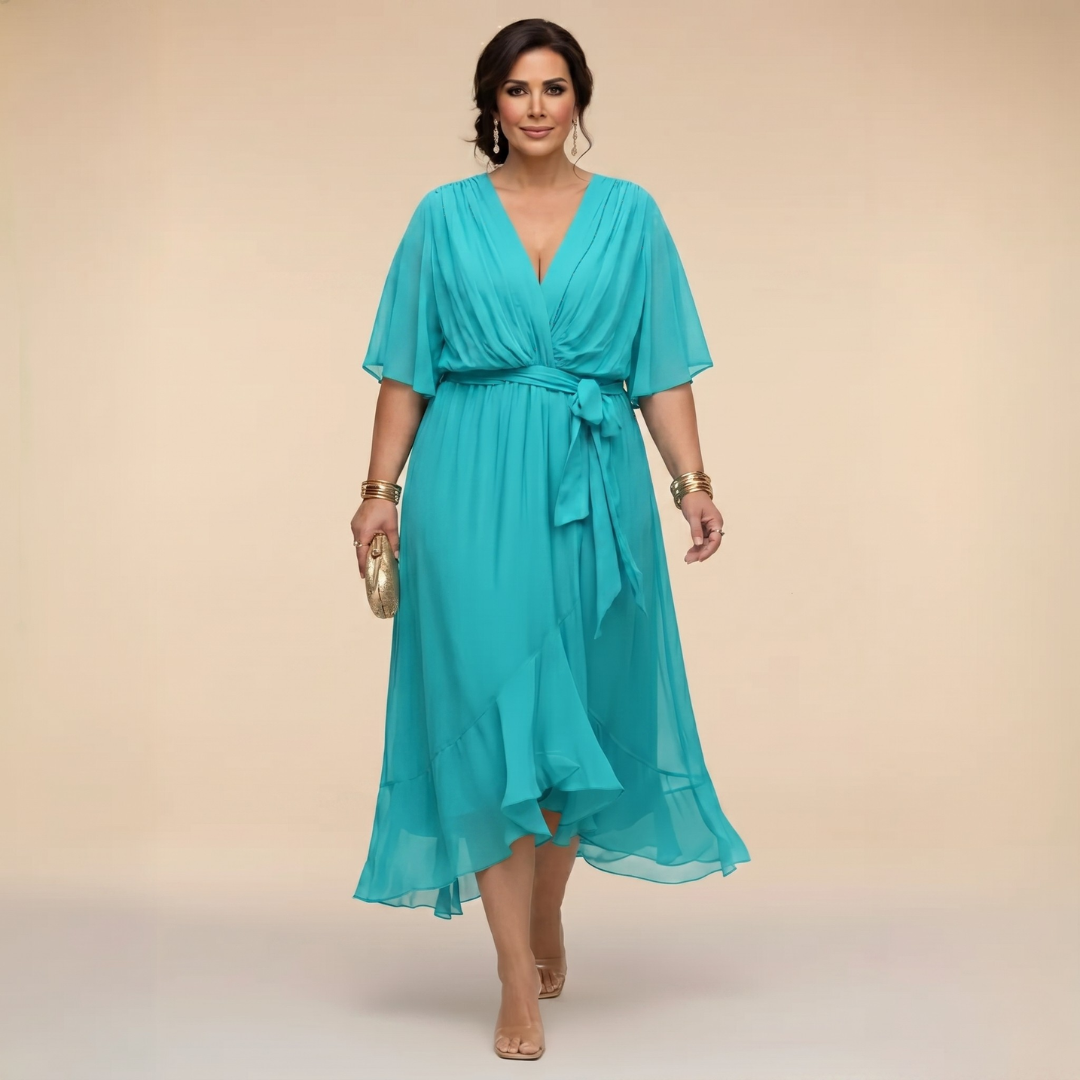 Deep V-Neck Flutter Sleeve Wrap Belted High Low Midi Dress 4