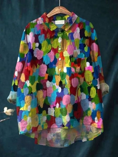 Watercolor Floral Print Long Sleeve Button Blouse 8