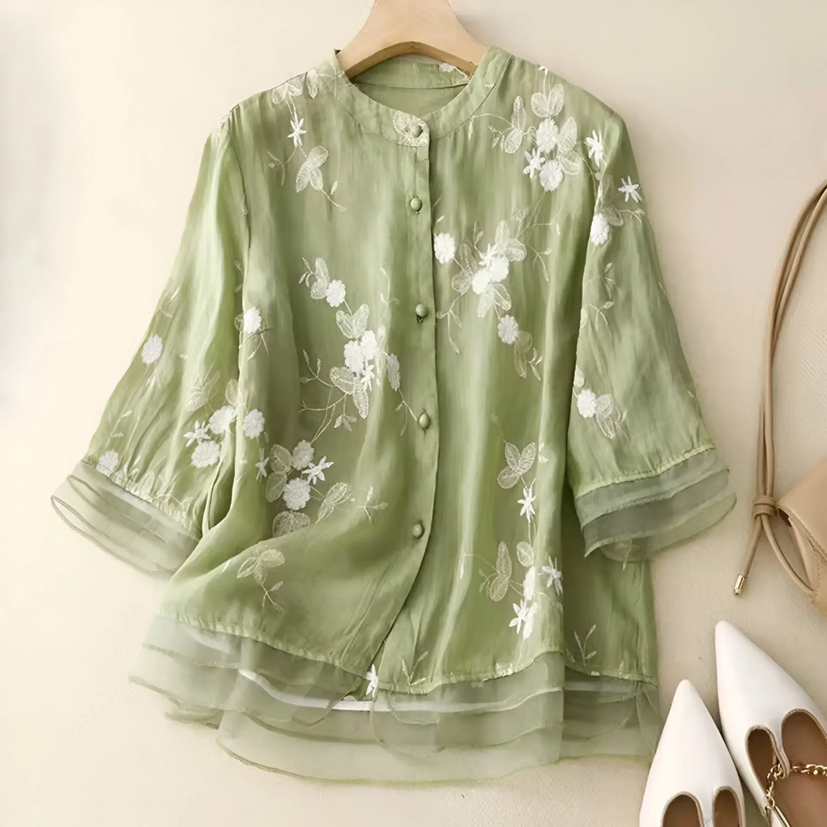Stand Collar Floral Embroidered Sheer Button Front Blouse 10