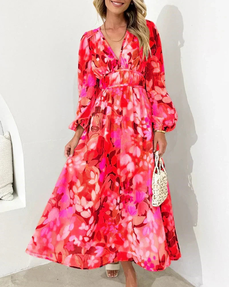 Floral Print V-Neck Long Sleeve Belted Maxi Dress 6