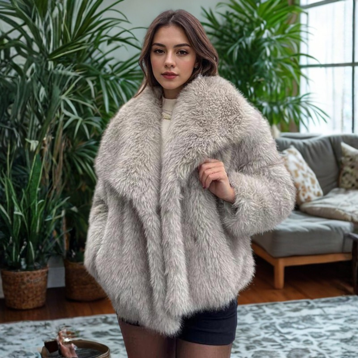Shawl Collar Faux Fur Cropped Jacket 4