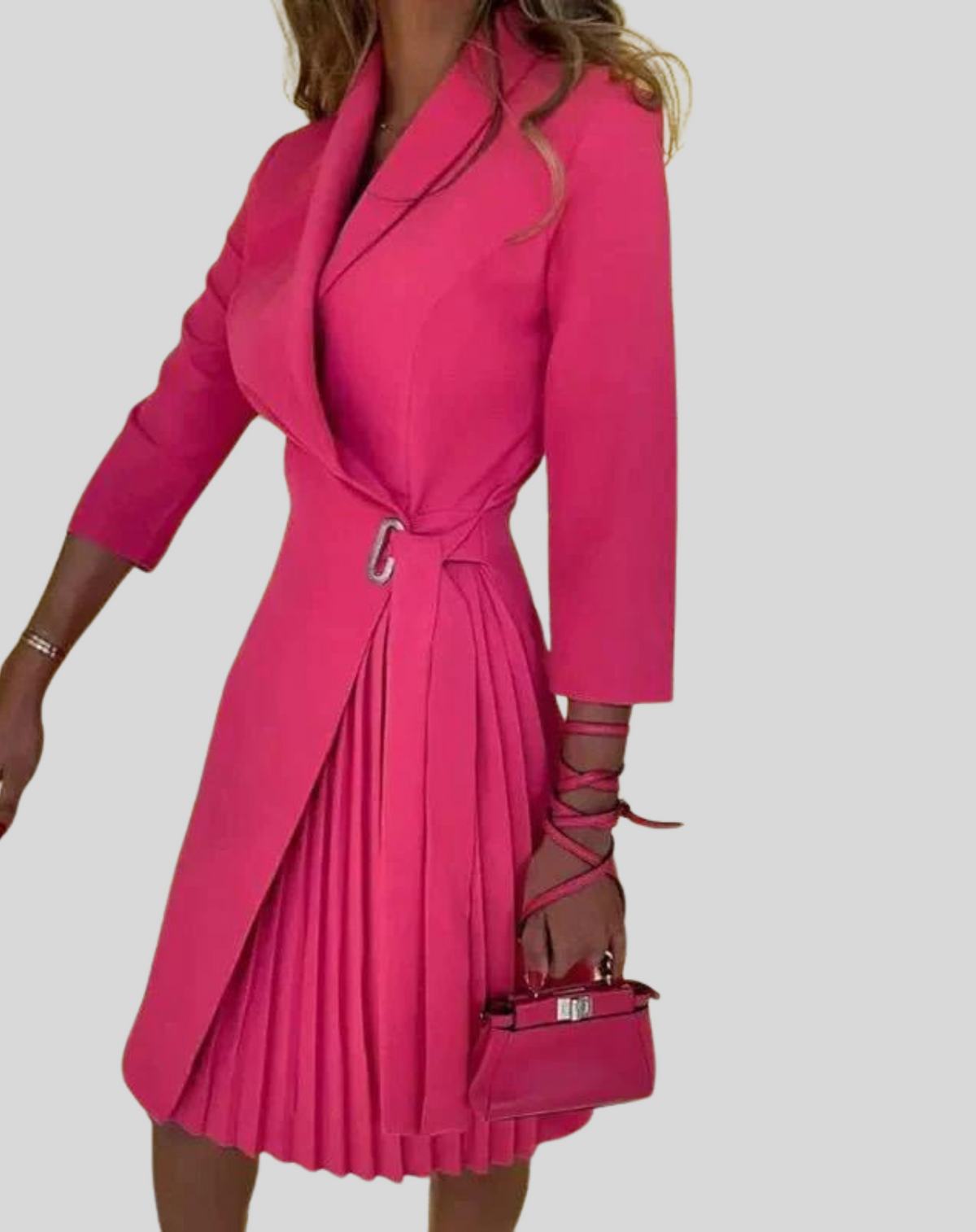 Houndstooth Wrap Contrast Shawl Lapel Self Tie Belt Blazer Dress - View 2