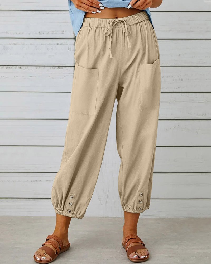 High Waist Drawstring Button Cuff Tapered Pants 5