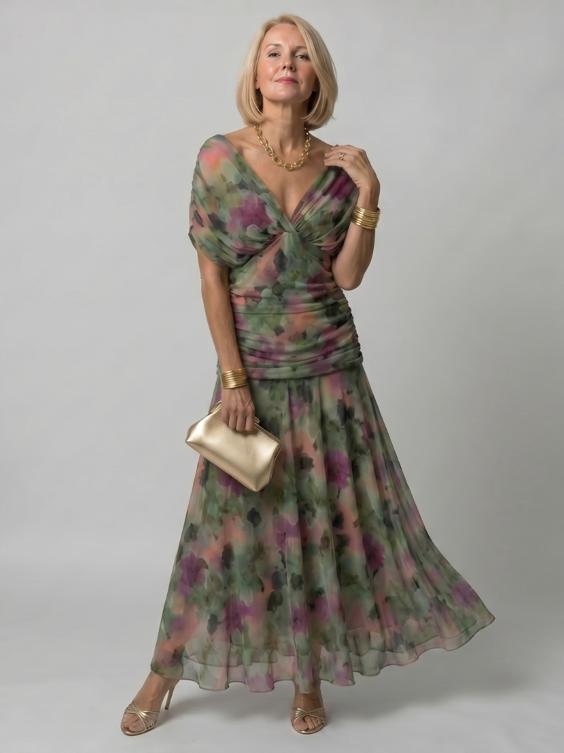 Floral Off Shoulder Ruched Chiffon Maxi Dress 11