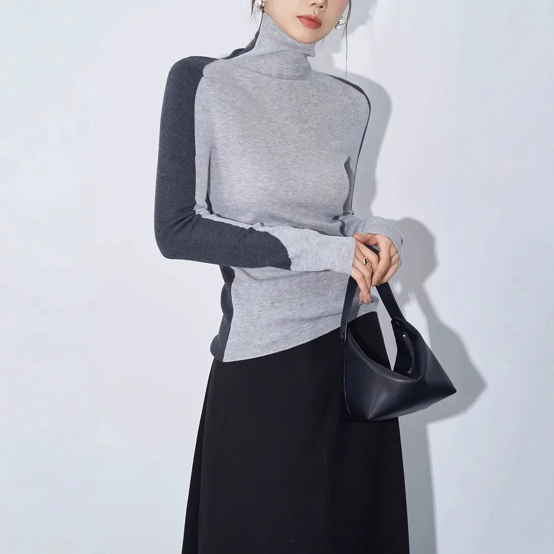 Colorblock Turtleneck Long Sleeve Slim Fit Top