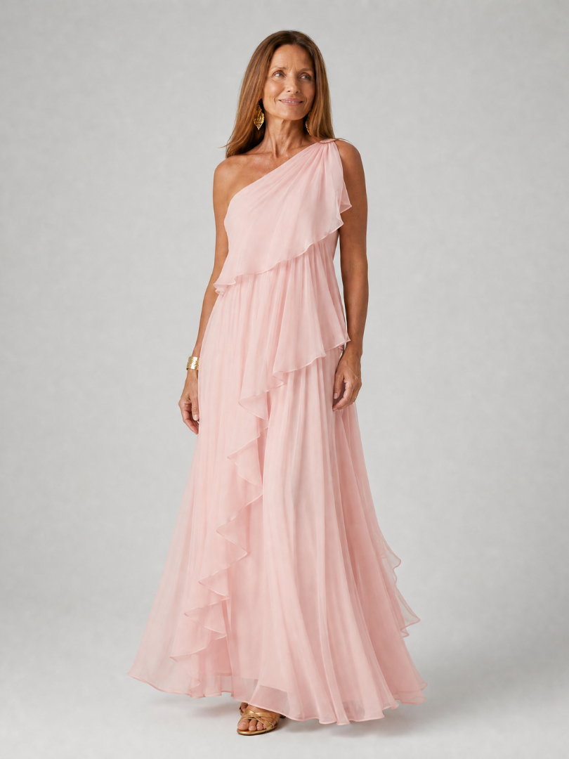 One Shoulder Ruffle Draped Chiffon Maxi Gown 6