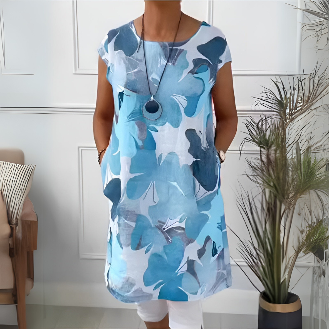 Watercolor Floral Round Neck Short Sleeve Tunic Dress 5