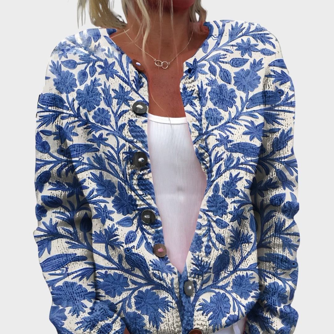 Floral Print Round Neck Button Front Knit Cardigan