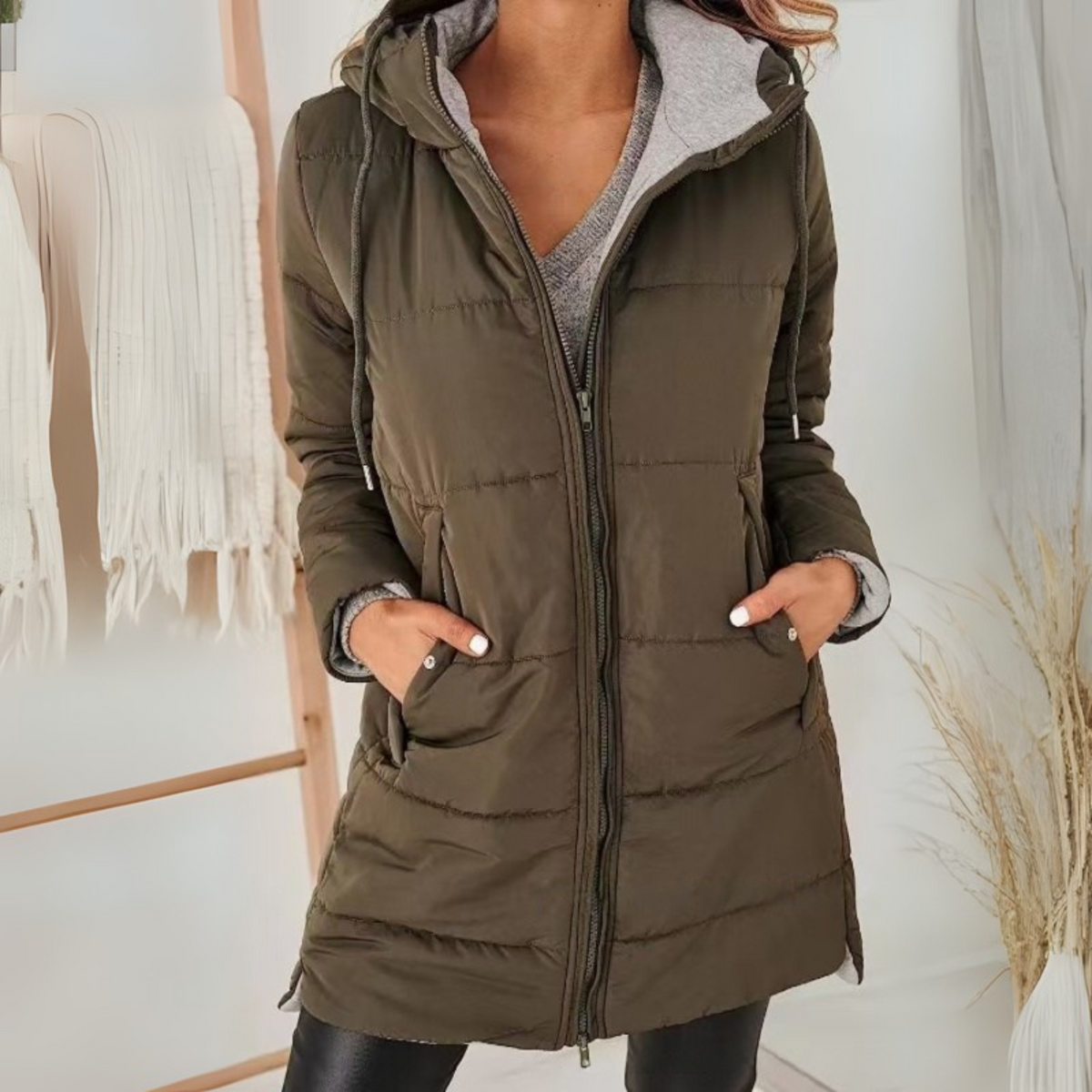 Hooded Zip Front Longline Quilted Puffer Jacket