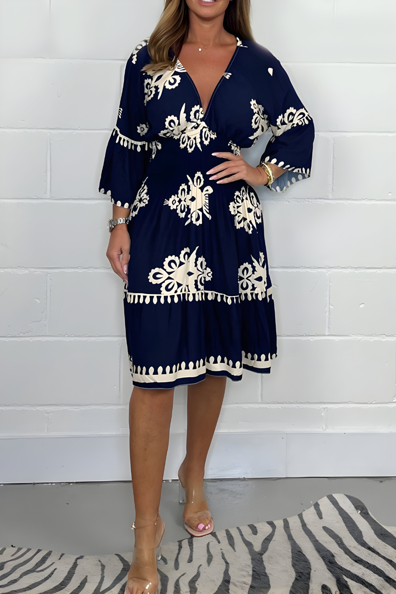 Folk Floral Print V-Neck Three Quarter Sleeve Tiered Midi Dress 8