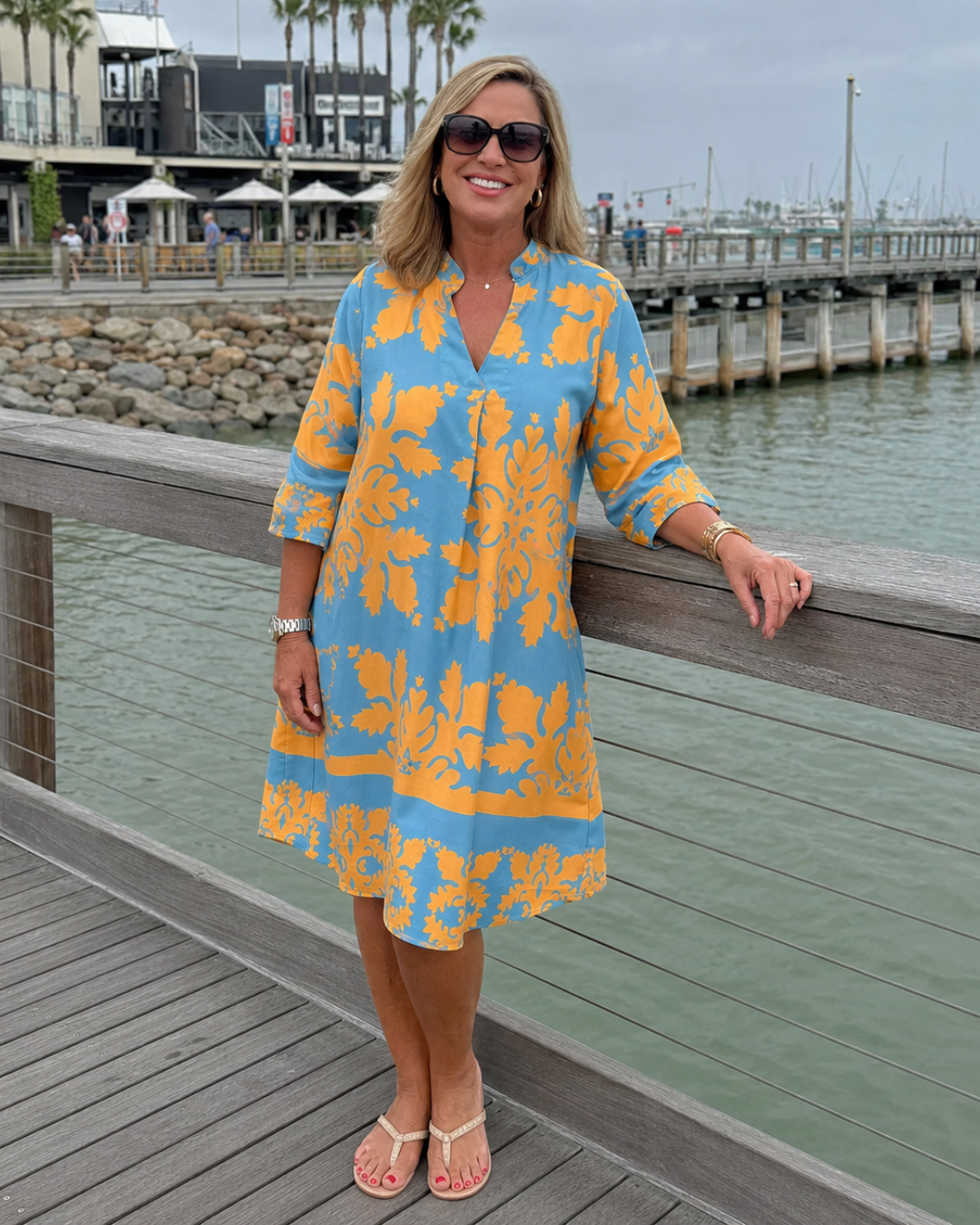 Damask Print Split Neck Three Quarter Sleeve A-Line Dress 5