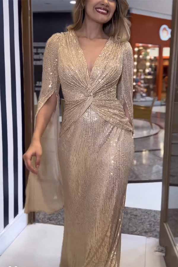Sequin Deep V-Neck Cape Sleeve Twist Waist Maxi Dress - View 5