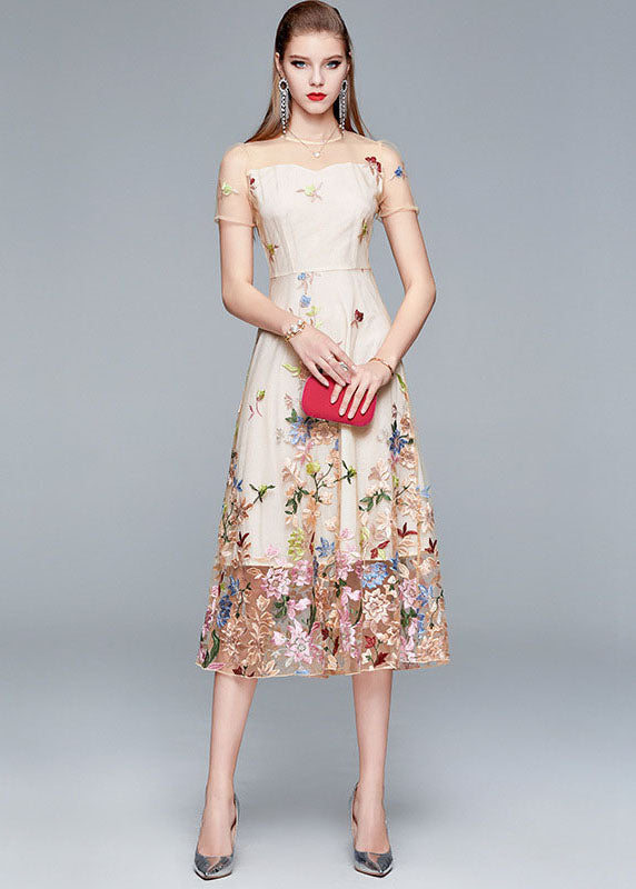 Floral Embroidered Mesh Illusion Neck Short Sleeve Midi Dress - View 2