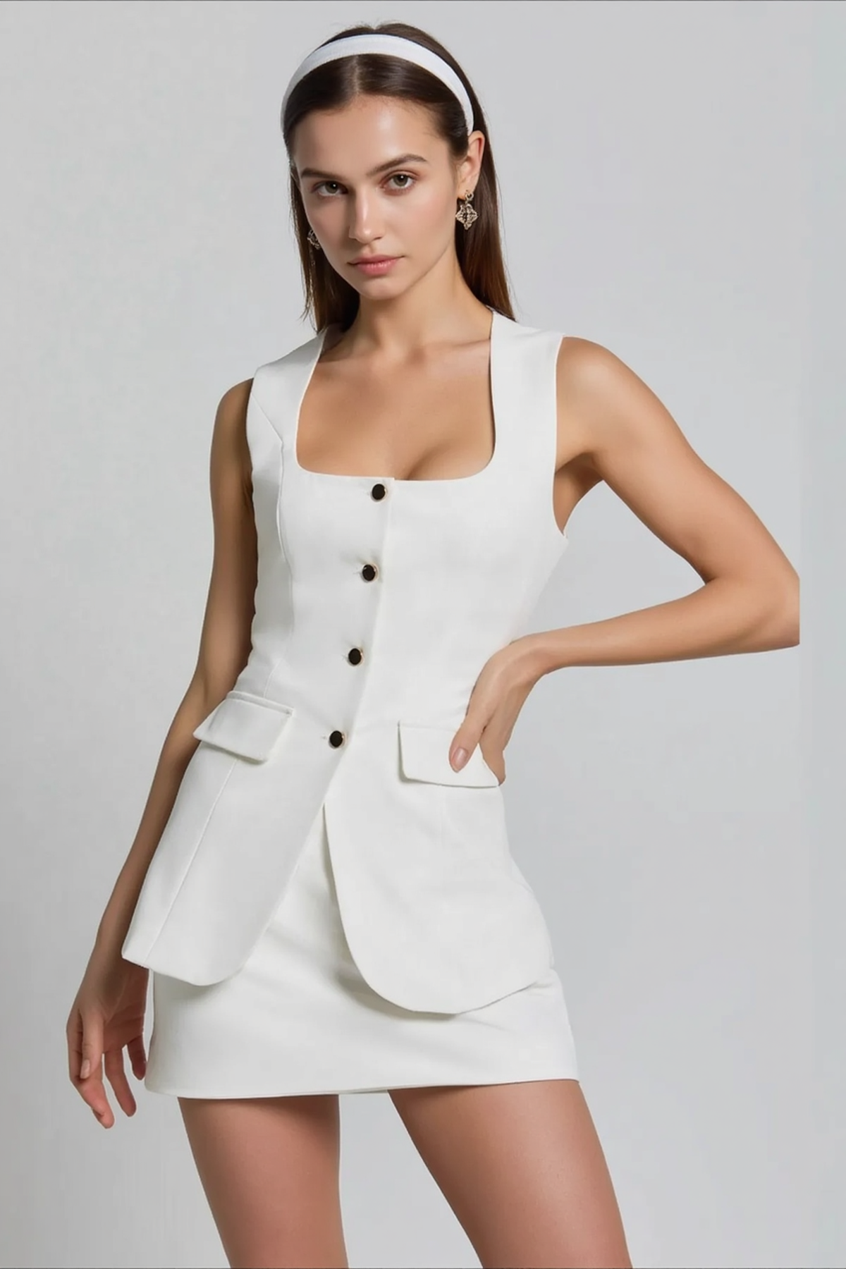 Square Neck Sleeveless Button Vest Bodycon Two-Piece Work