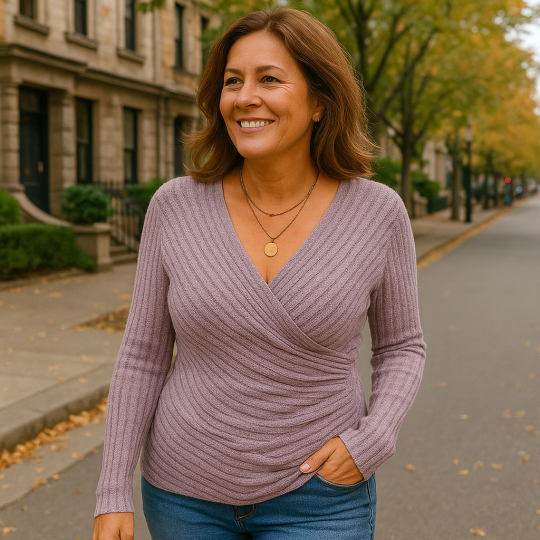 Ribbed Knit Wrap V-Neck Long Sleeve Ruched Top 12