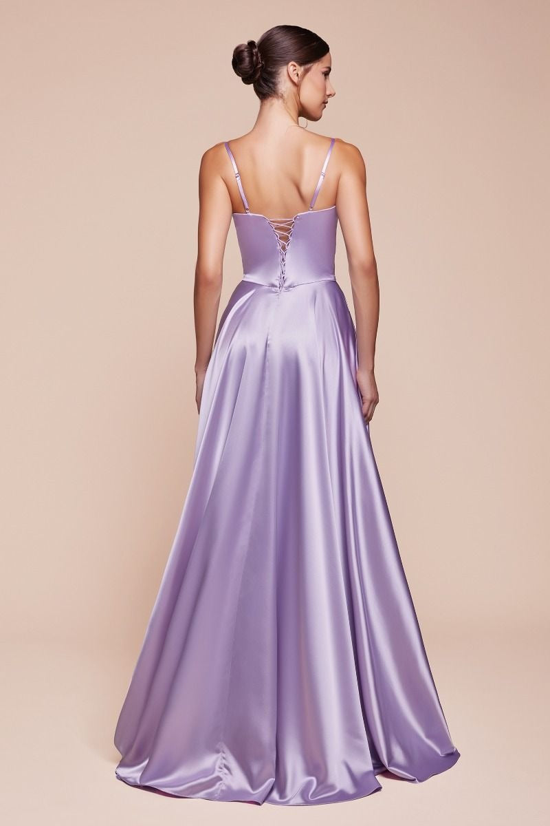 Satin Sweetheart Spaghetti Strap Corset High Split A-Line Maxi Dress - View 4