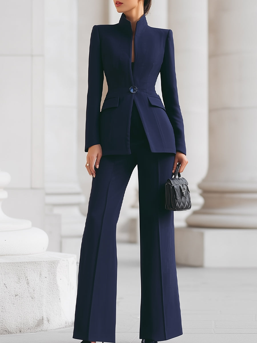 Stand Collar Single Button Blazer and Wide Leg Pants Two Piece Set 2