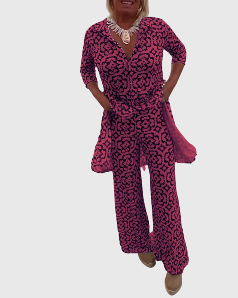Medallion Print Collared Half Sleeve Tunic and Wide Leg Pants Two Piece Set 11