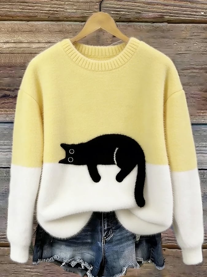 Cat Print Colorblock Crew Neck Fuzzy Sweater 7