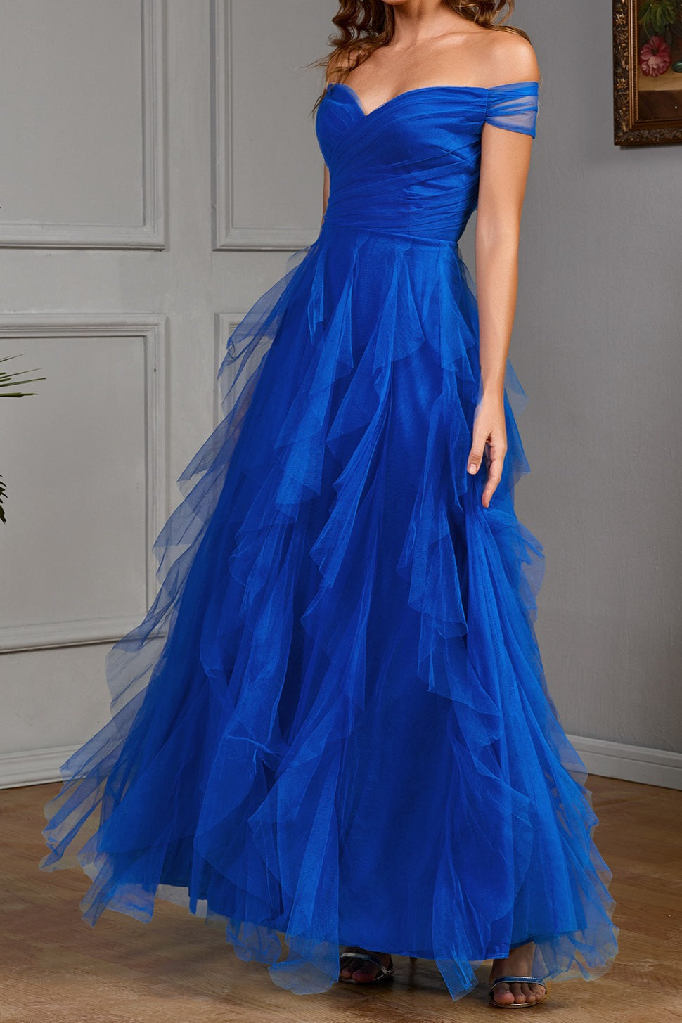 Off Shoulder Sweetheart Ruched Tiered Tulle A-Line Maxi Gown - View 4