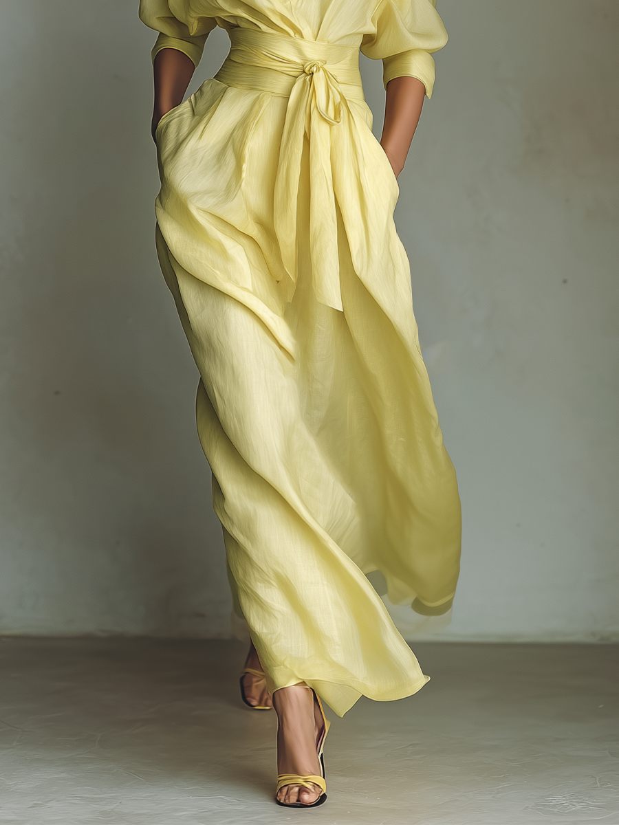 Collared Deep V-Neck Tie Waist Flowy Maxi Shirt Dress 5