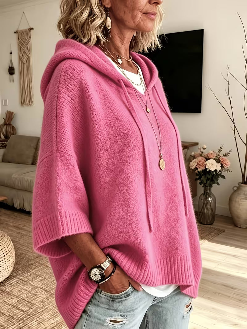 Hooded Drawstring Oversized Knit Poncho Sweater 2