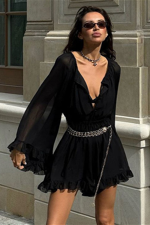 Black Mesh Sheer Ruched Waist Mini Dress