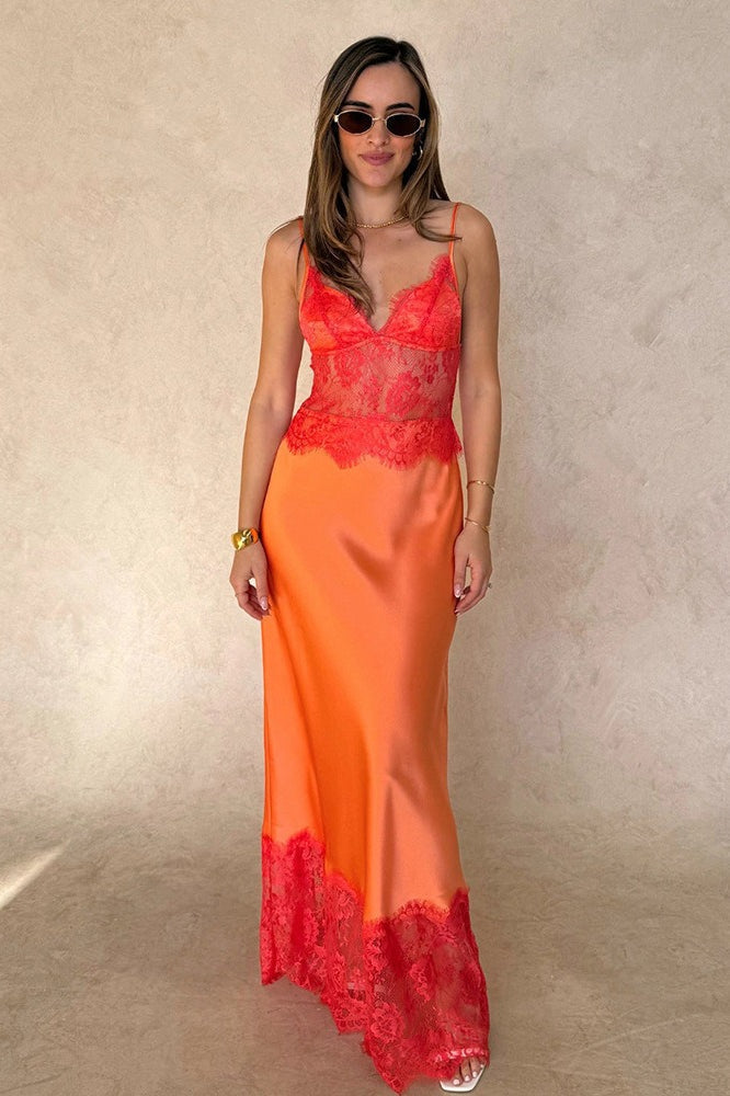 V-Neck Spaghetti Strap Lace Trim Satin Slip Maxi Dress 5