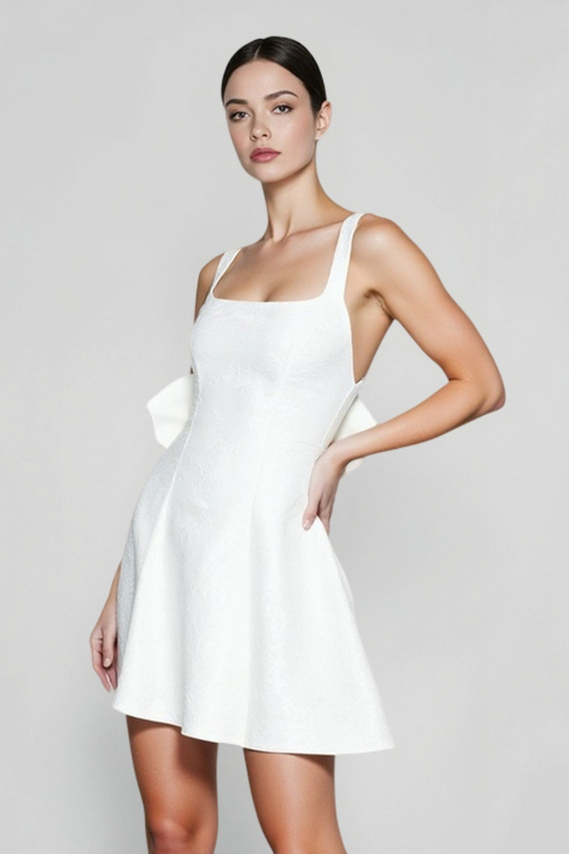 Jacquard Square Neck Bow Back Fit and Flare Mini Dress - View 3