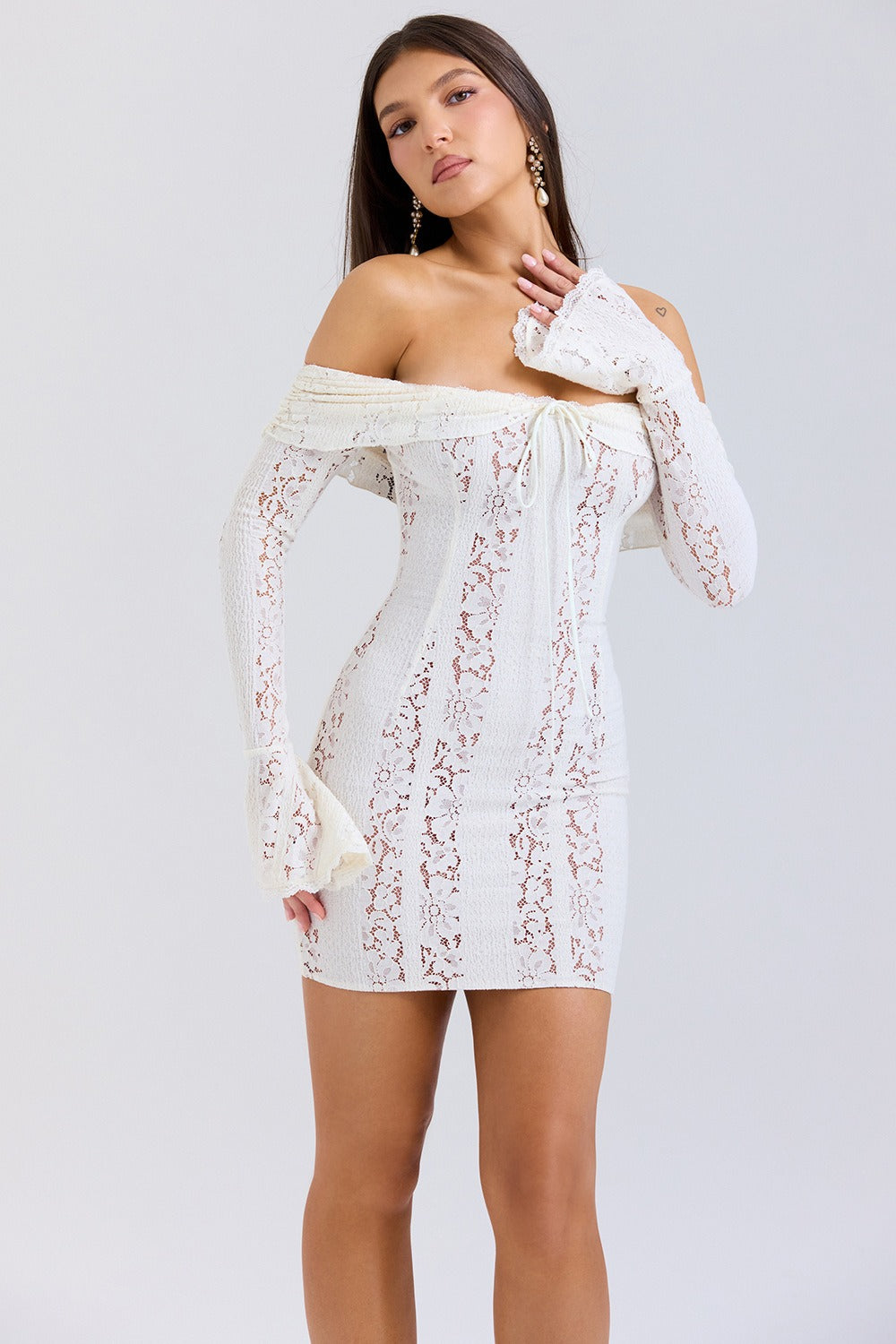 Off Shoulder Waist Tie Lace Dress - View 2