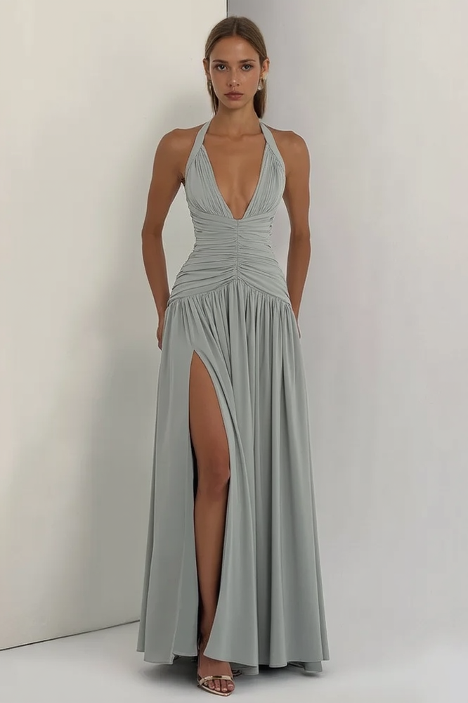 Halter Neck Deep V-Neck Ruched High Split Maxi Dress - View 6