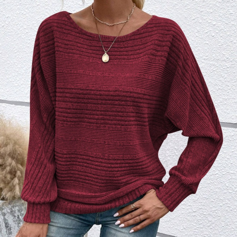 Striped Boat Neck Batwing Long Sleeve Knit Top 2