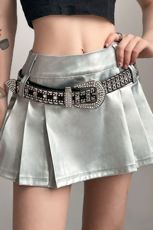 High-Waist Bodycon Pleated Denim Mini Skort