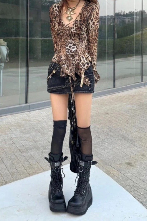 Y2K Slim Leopard Print Blouse