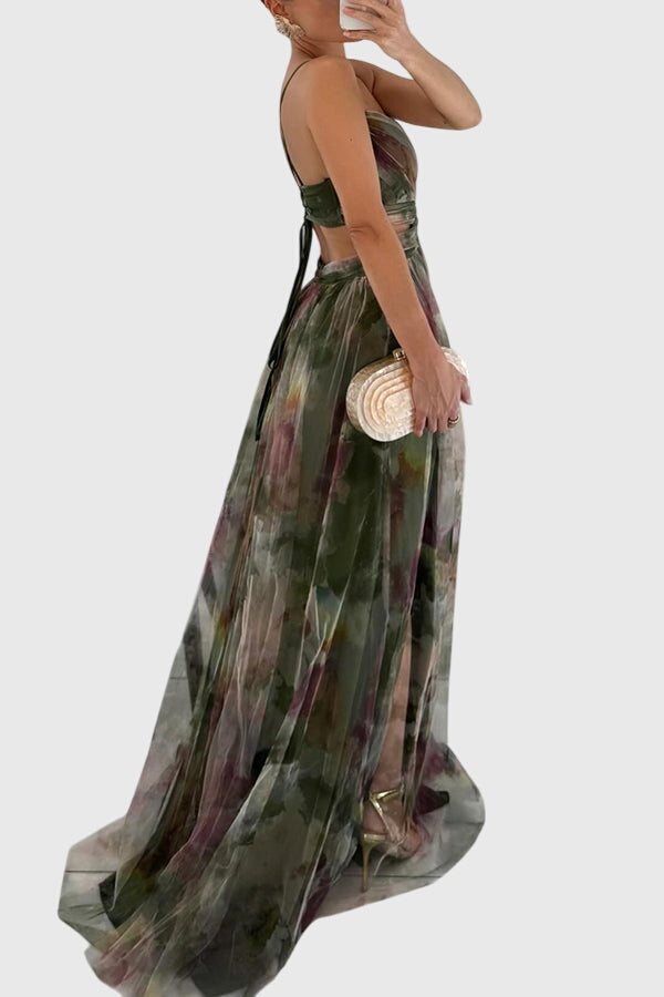 Floral V-Neck Spaghetti Strap Tulle High Split Maxi Gown 5
