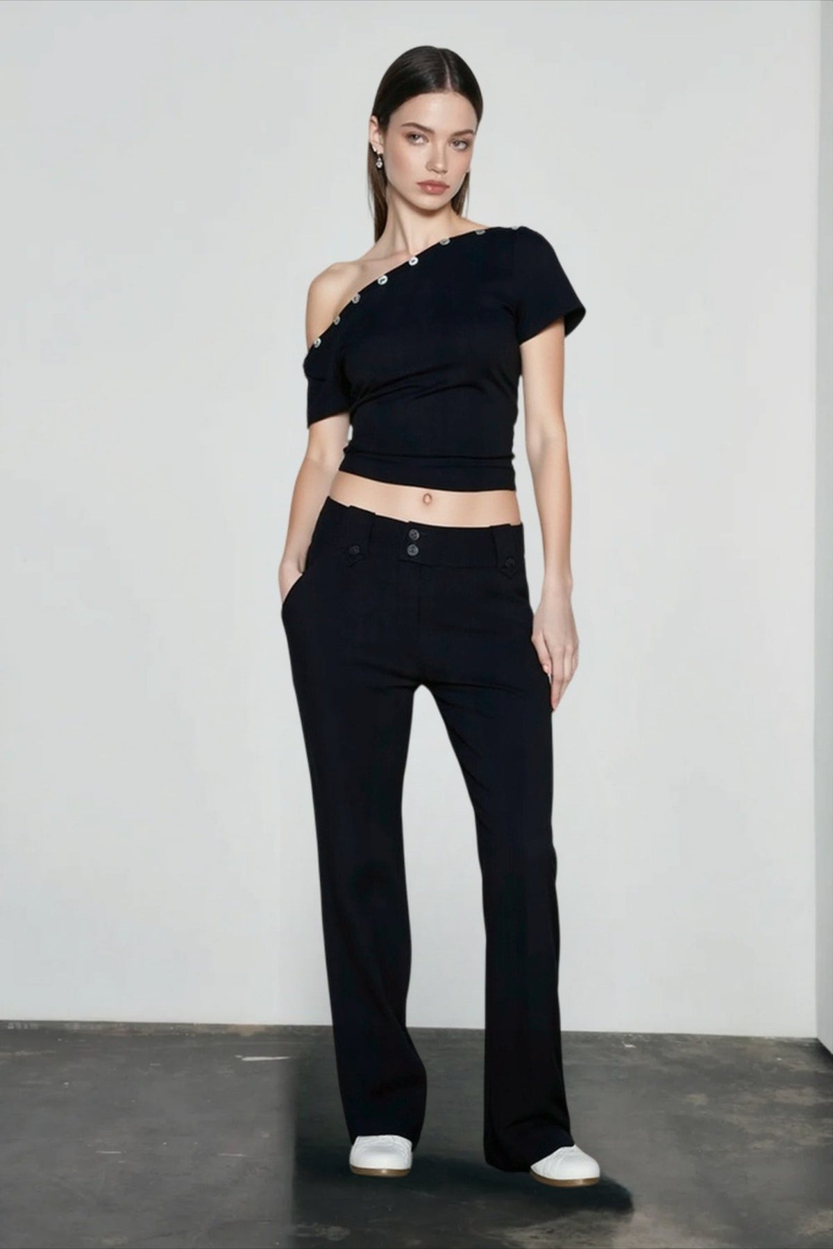 Off Shoulder Short Sleeve Button Trim Crop Top 5